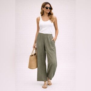 Olive Green Gauze Cotton Wide Leg Pants Pull On Casual Lounge Coastal Summer NWT